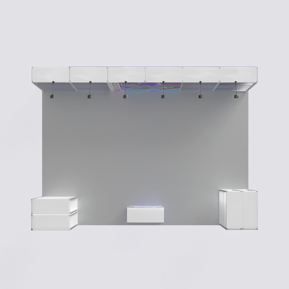 20ft white modular exhibition booth display kit with flat back wall, overhead canopy panel with spotlights, side shelving units, and a central counter on a light gray background.