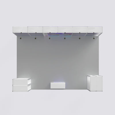 20ft white modular exhibition booth display kit with flat back wall, overhead canopy panel with spotlights, side shelving units, and a central counter on a light gray background.