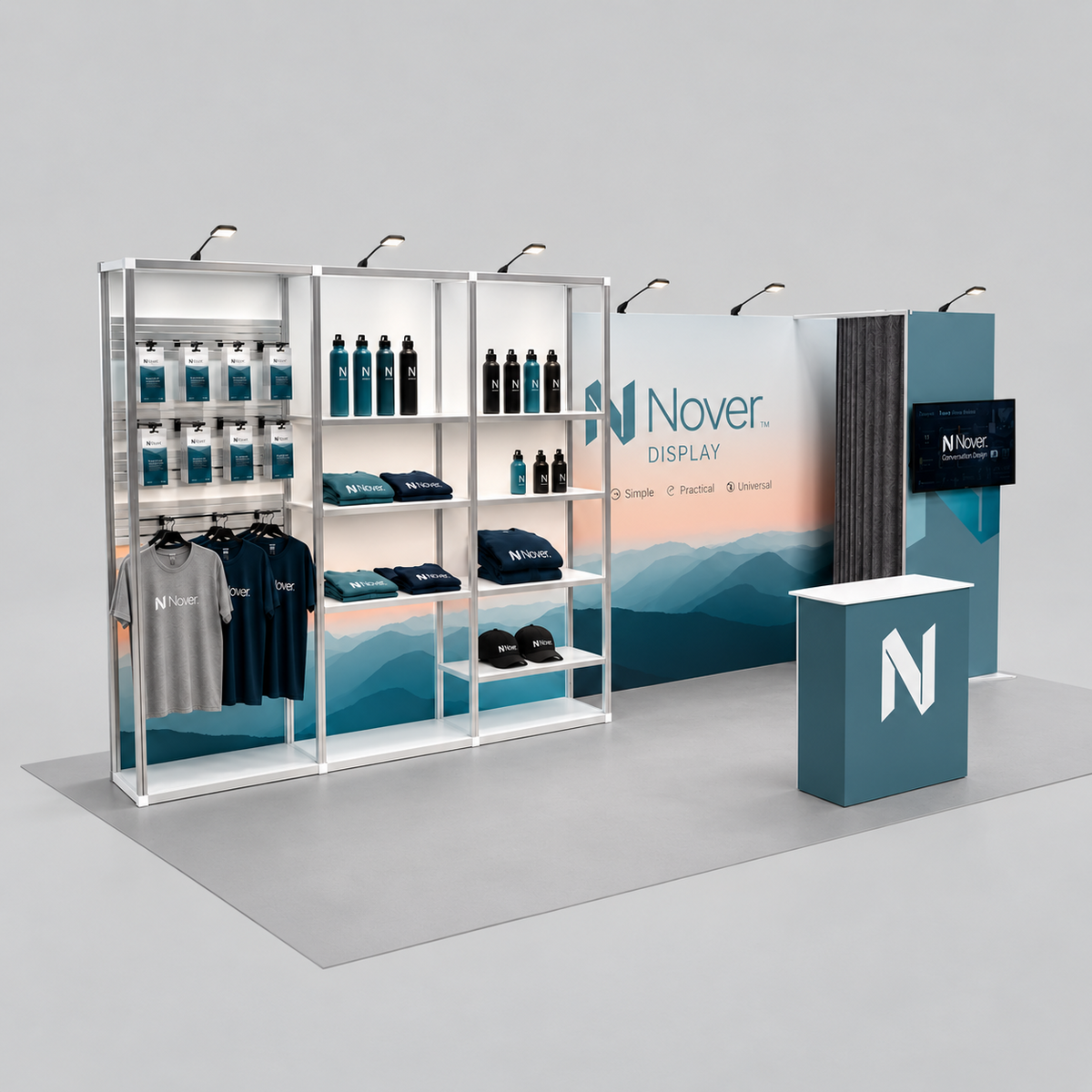 20ft trade show booth display featuring Modular Rack shelving with sunset graphics, integrated closet storage, TV display mount, and a branded counter.