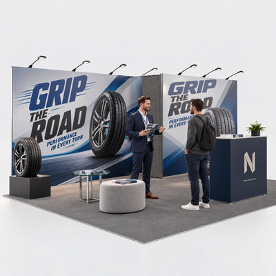 A 20ft modular trade show booth featuring branded graphic back walls, an integrated storage closet with curtain entrance, a promotional display counter, and a functional layout designed for product showcases and customer consultations.