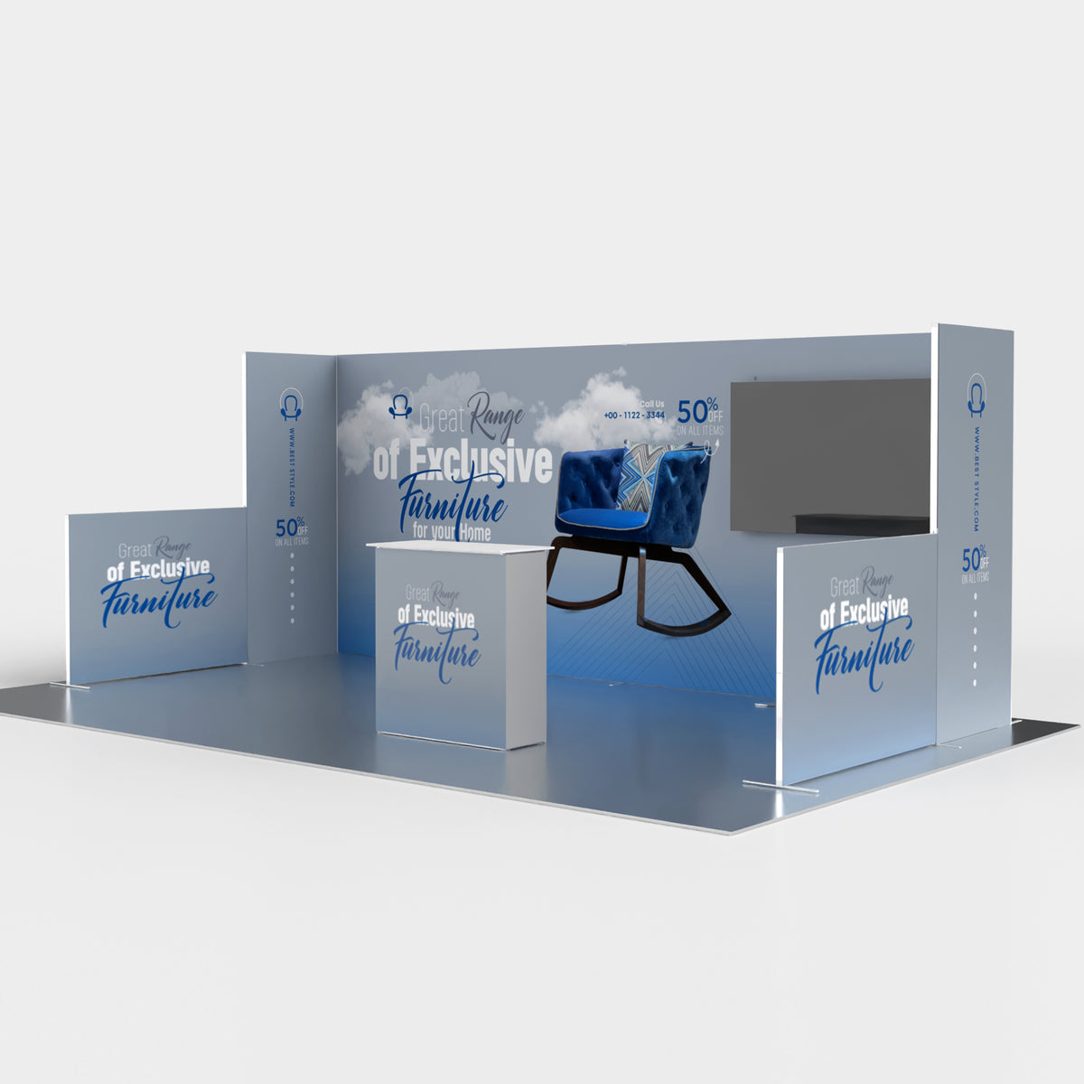 20ft U-Shaped Trade Show Booth with Low Wall Extensions — QSEG 40 kit 206