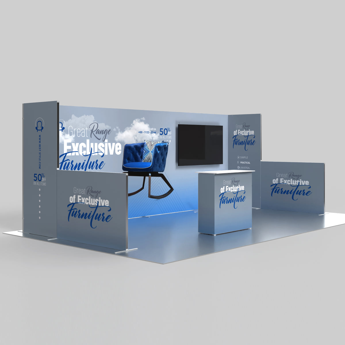 20ft U-Shaped Trade Show Booth with Low Wall Extensions — QSEG 40 kit 206