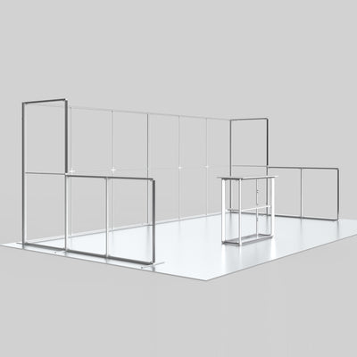 A minimalist metal exhibition booth frame with transparent panels and a small matching table, shown on a light gray studio background.