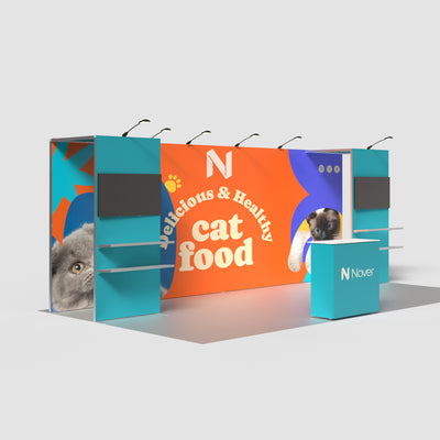 20ft QSEG 40 trade show booth display featuring a short bridge structure, dual backwalls, custom printed pet food graphics, and a matching reception counter.