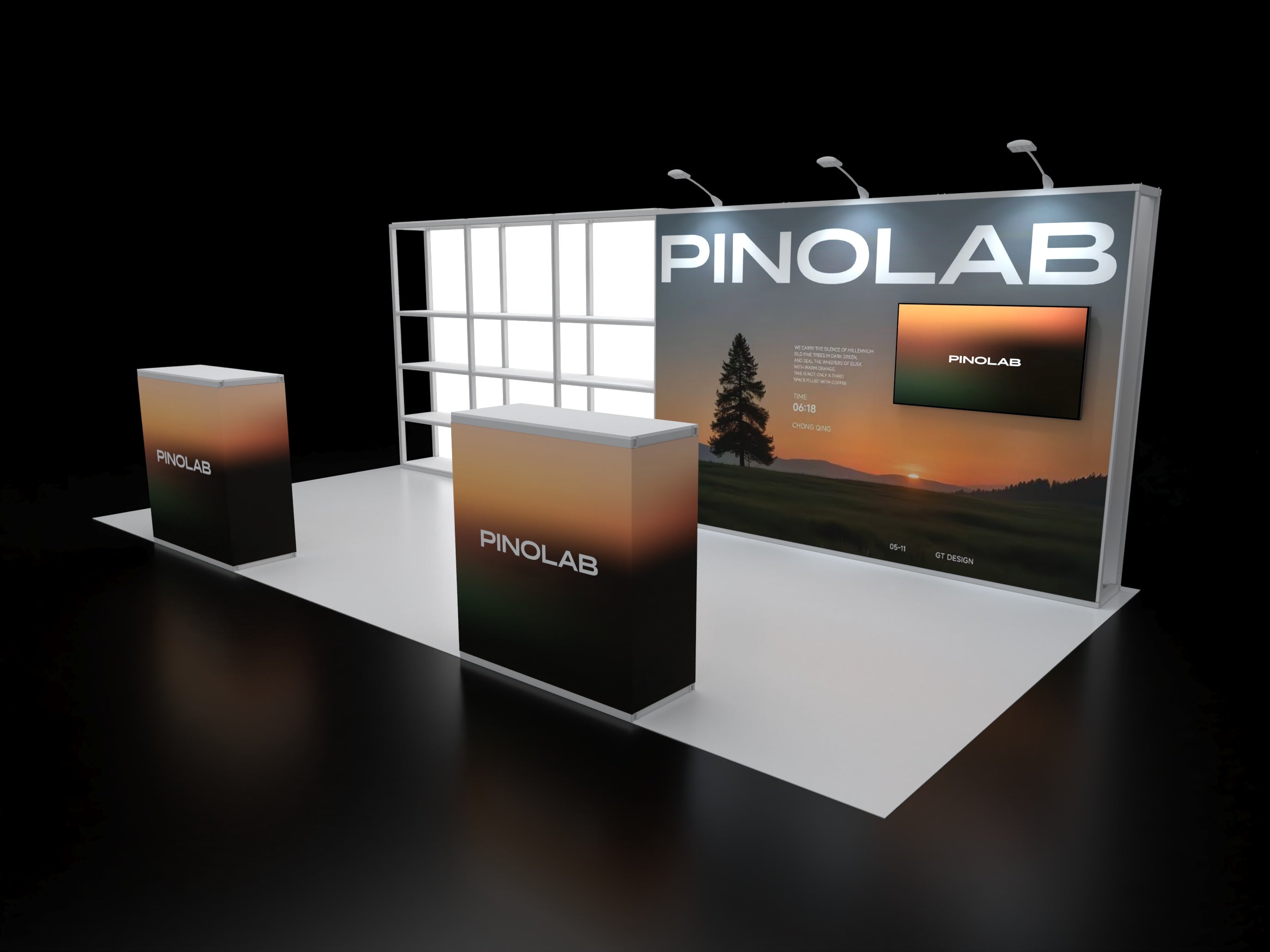 20ft Modular Rack Booth 01 featuring a 6-section high-capacity shelving wall, integrated counter, and custom SEG graphics for large-scale retail and trade show displays.