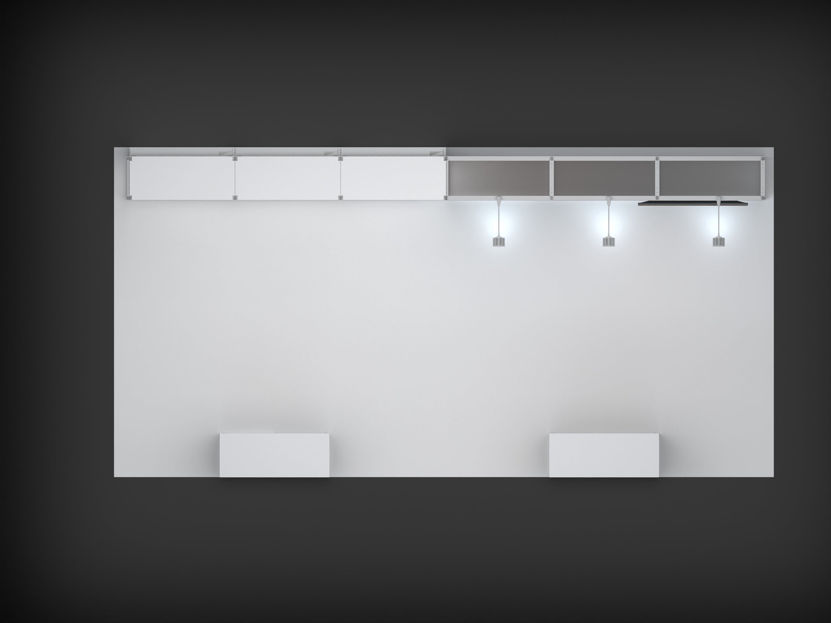 Top-down perspective view of the 20ft modular rack display booth layout with 6-section heavy-duty shelving, integrated storage closet, and custom SEG graphics