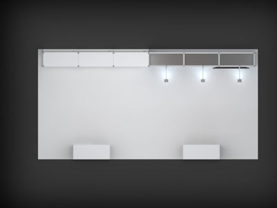 Top-down perspective view of the 20ft modular rack display booth layout with 6-section heavy-duty shelving, integrated storage closet, and custom SEG graphics
