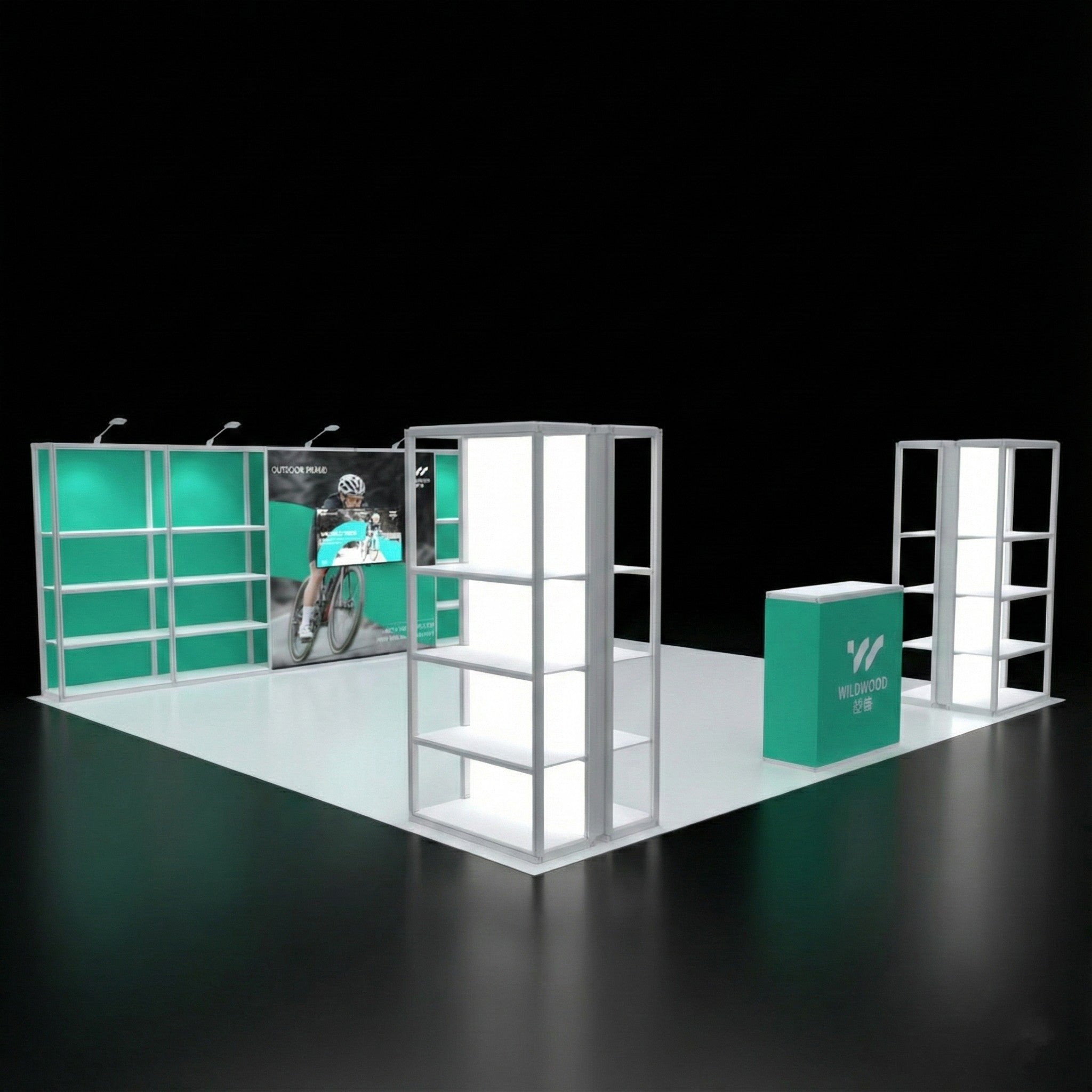 20ft Modular Rack Booth 04 layout featuring a 6-section back wall shelving, two independent 1-section shelving towers, and an integrated counter with custom SEG graphics and LED arm lights