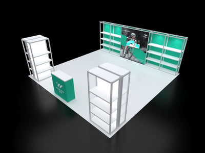 20ft Modular Rack Booth 04 layout featuring a 6-section back wall shelving, two independent 1-section shelving towers, and an integrated counter with custom SEG graphics and LED arm lights