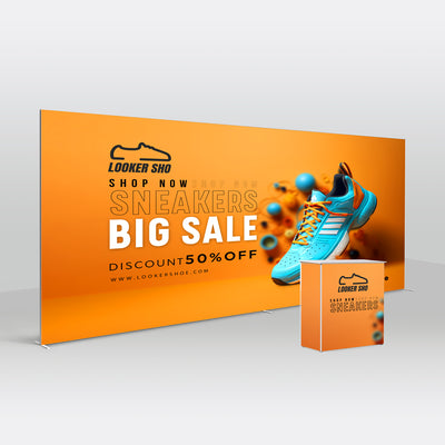 20ft Qseg 40 Booth 01 layout featuring two 10ft wide modular backdrops and a branded reception counter for trade show display