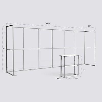 Perspective view of a 20ft U-shaped Qseg 40 exhibition booth aluminum frame and counter showing full technical layout dimensions.