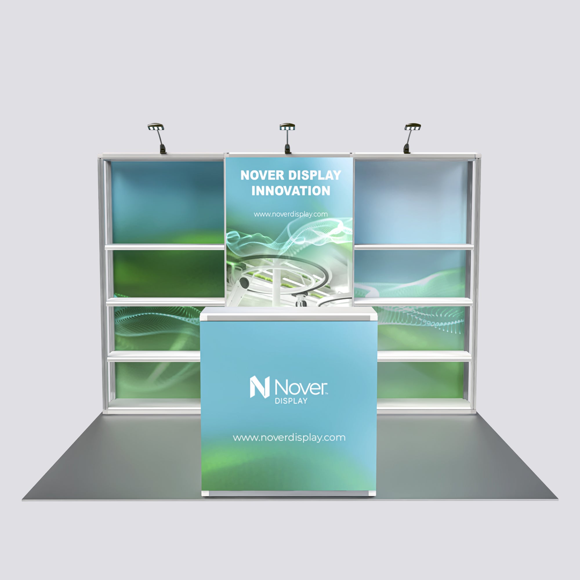10ft modular exhibition booth display featuring a 3-section aluminum shelving rack backdrop with blue and green graphic panels, Nover Display branding, spotlights, and a matching front counter on a light gray background.