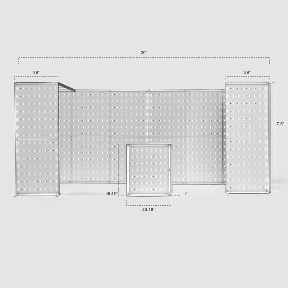 Technical dimensions diagram of a 20ft wide by 7.5ft high Qseg 60 backlit exhibition light box booth frame with an integrated LED matrix grid and counter.
