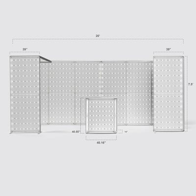 Technical dimensions diagram of a 20ft wide by 7.5ft high Qseg 60 backlit exhibition light box booth frame with an integrated LED matrix grid and counter.
