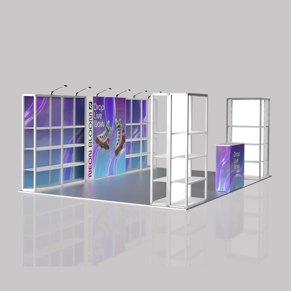 Right perspective view of a 20ft modular rack trade show booth display, featuring a 6-section back wall shelving, four independent 1-section shelving towers, and an integrated counter with custom graphics.