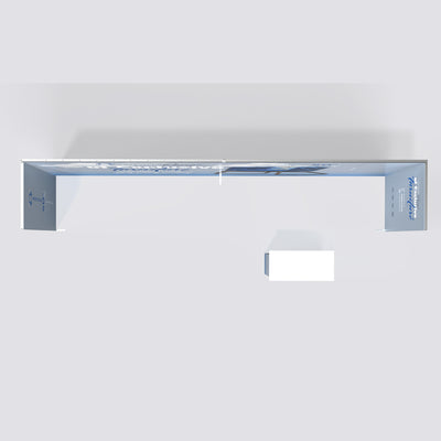 Bird's-eye view layout of a 20ft U-shaped Qseg 40 non-backlit trade show booth showcasing the top-down configuration of the fabric backdrop and counter.
