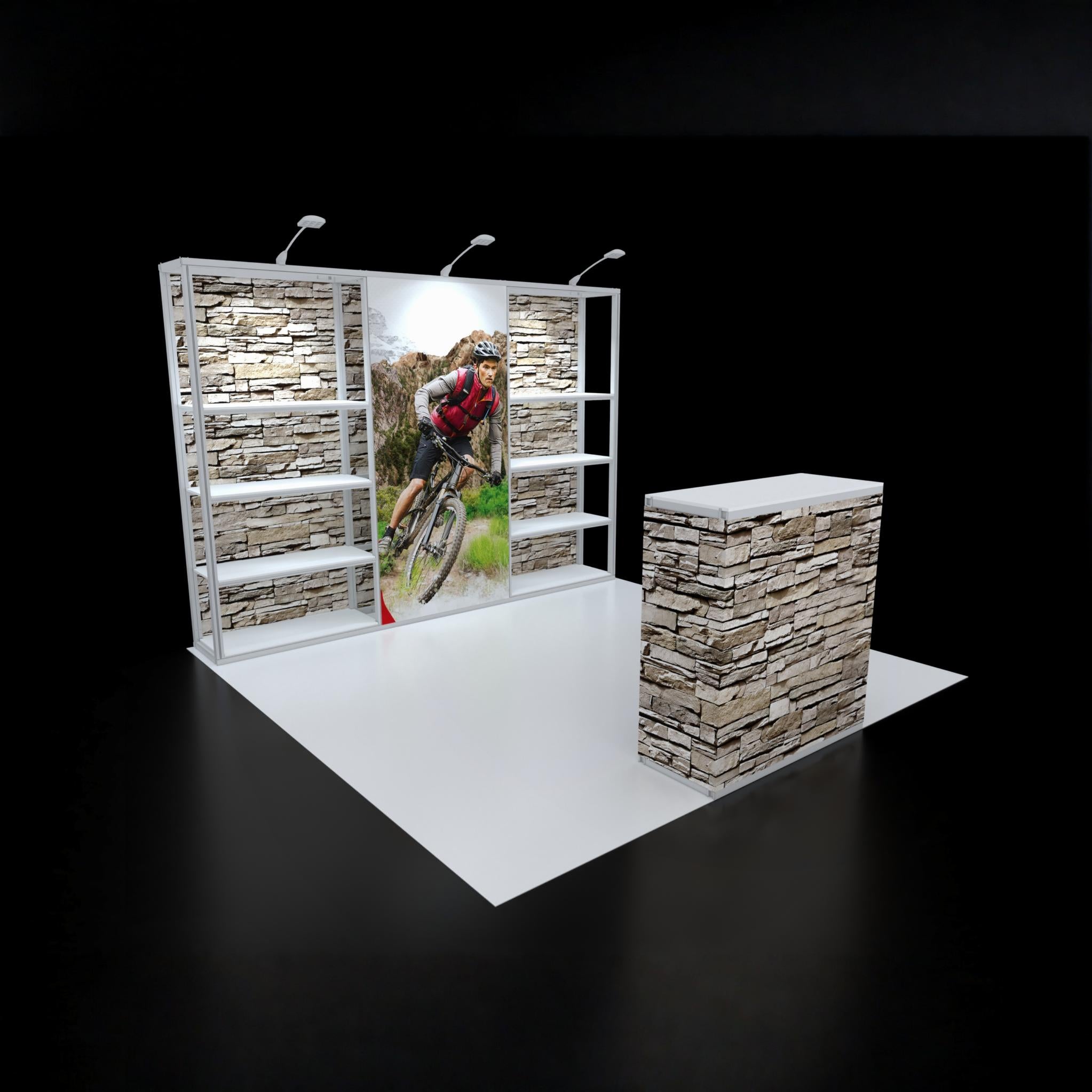 10ft modular rack booth 01 with 3-section shelving backdrop, matching reception counter, and custom SEG graphics for heavy-duty product display