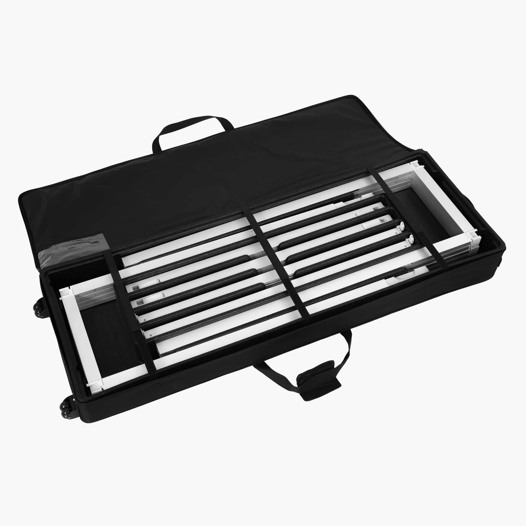 Internal view of the heavy-duty EPP trolley bag with custom foam dividers organizing the 20ft modular rack aluminum frame components