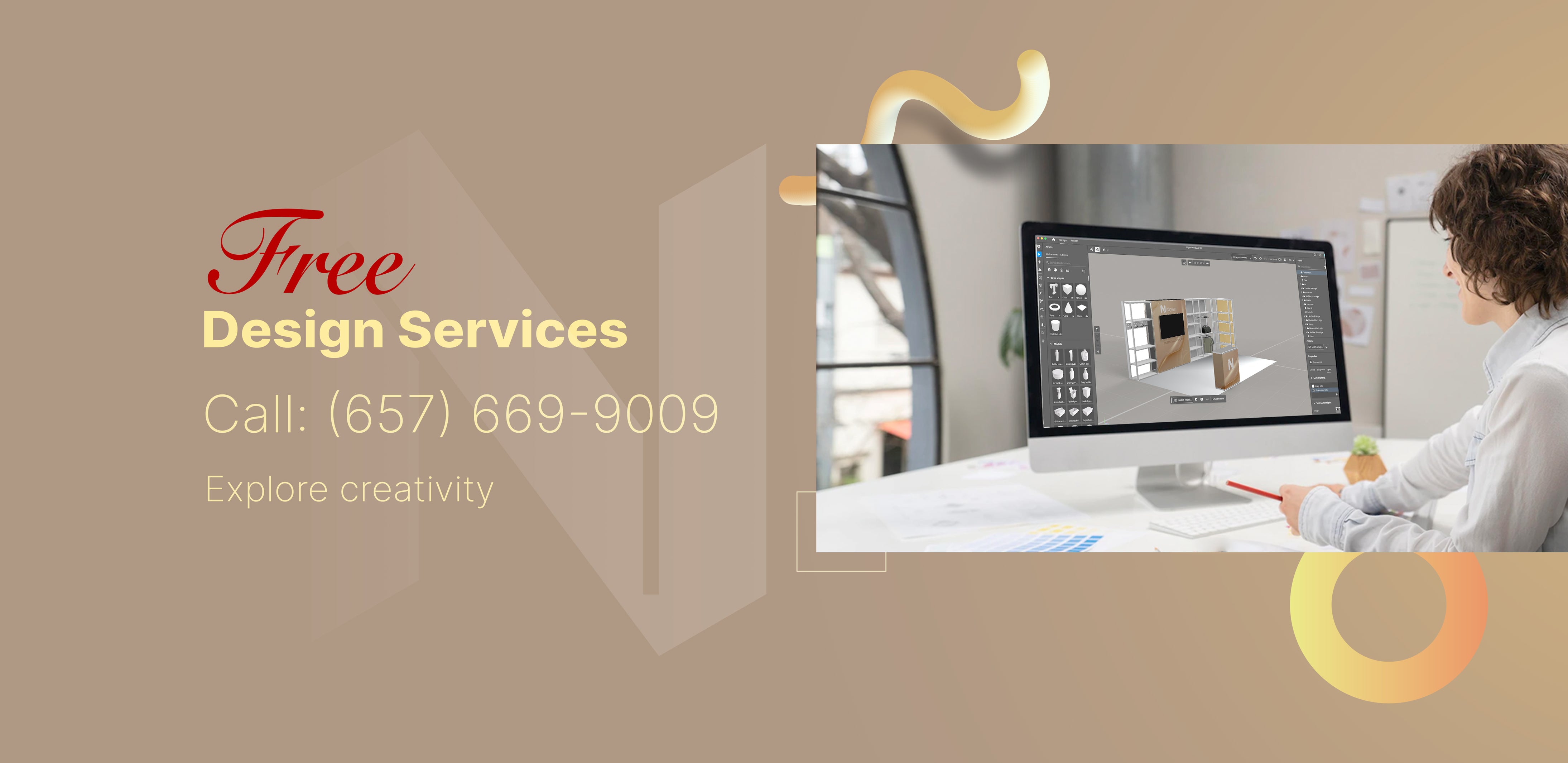 Nover Display 'Free Design Services' custom trade show booth promotional banner.