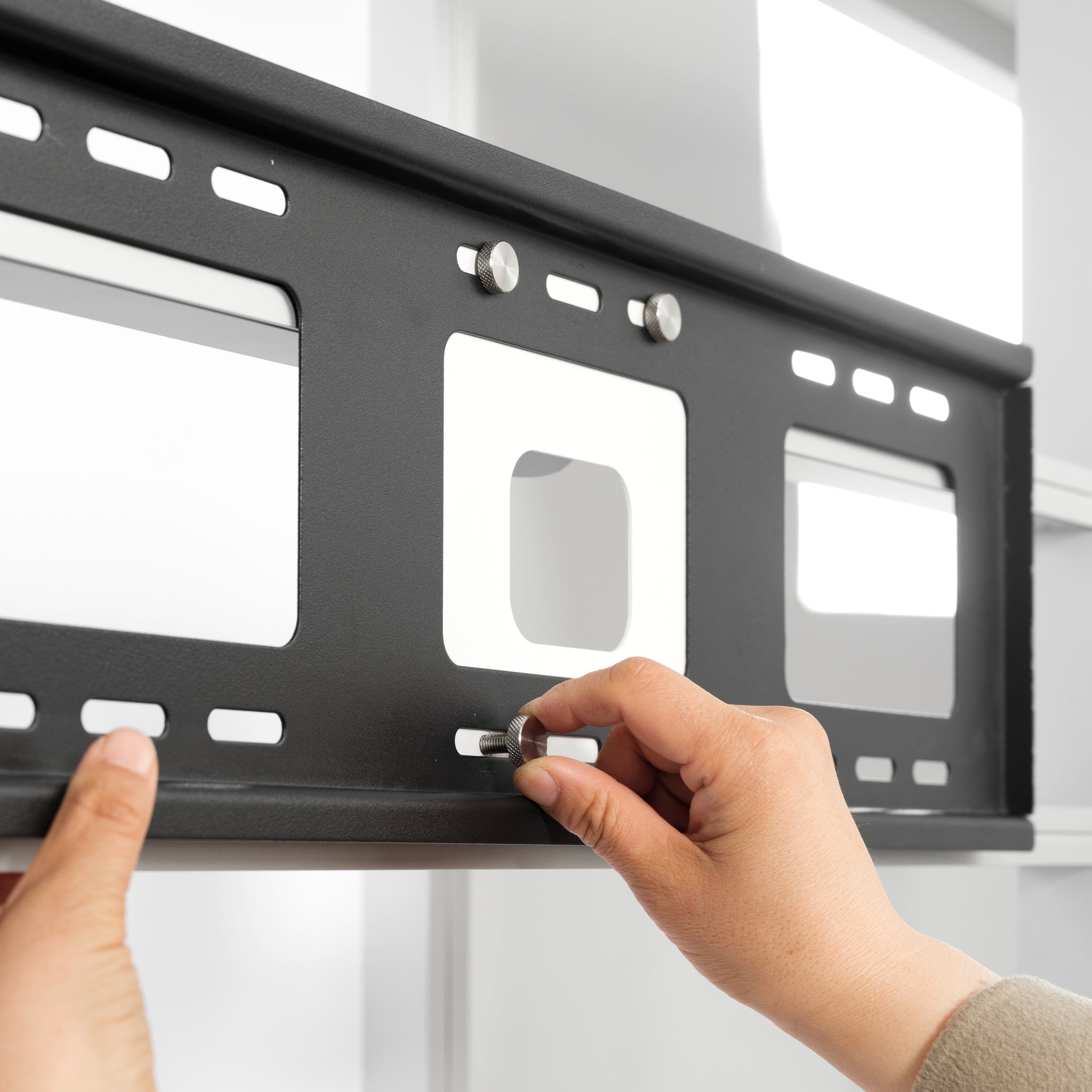 Heavy-duty steel TV monitor mount bracket for modular rack frame integration