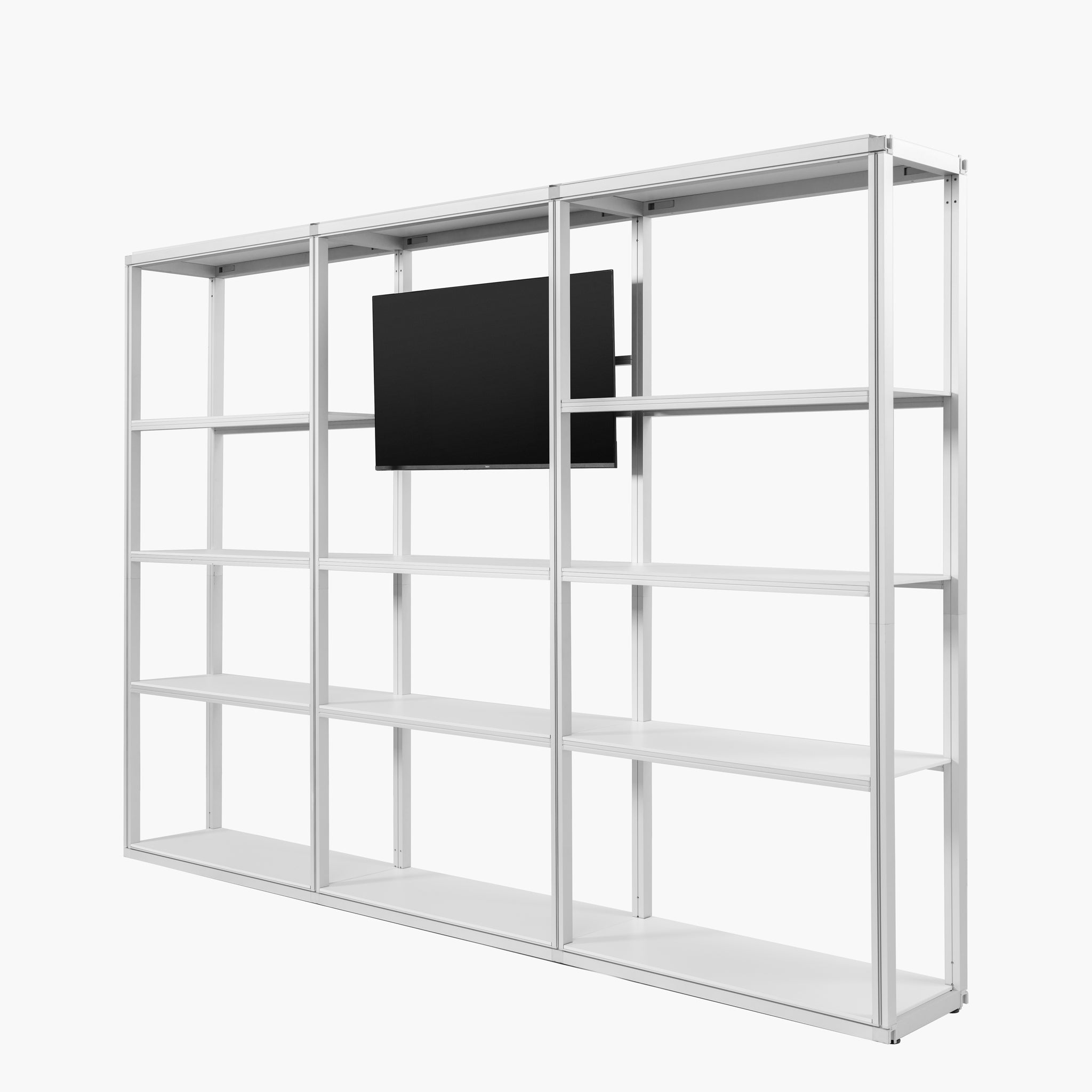 Integrated TV bracket for modular rack system with mounted flat screen monitor
