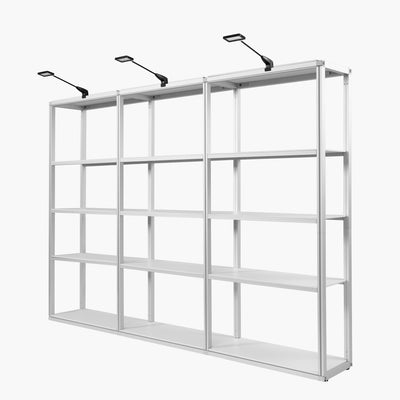 LED spotlight installed on a modular shelving rack highlighting trade show products