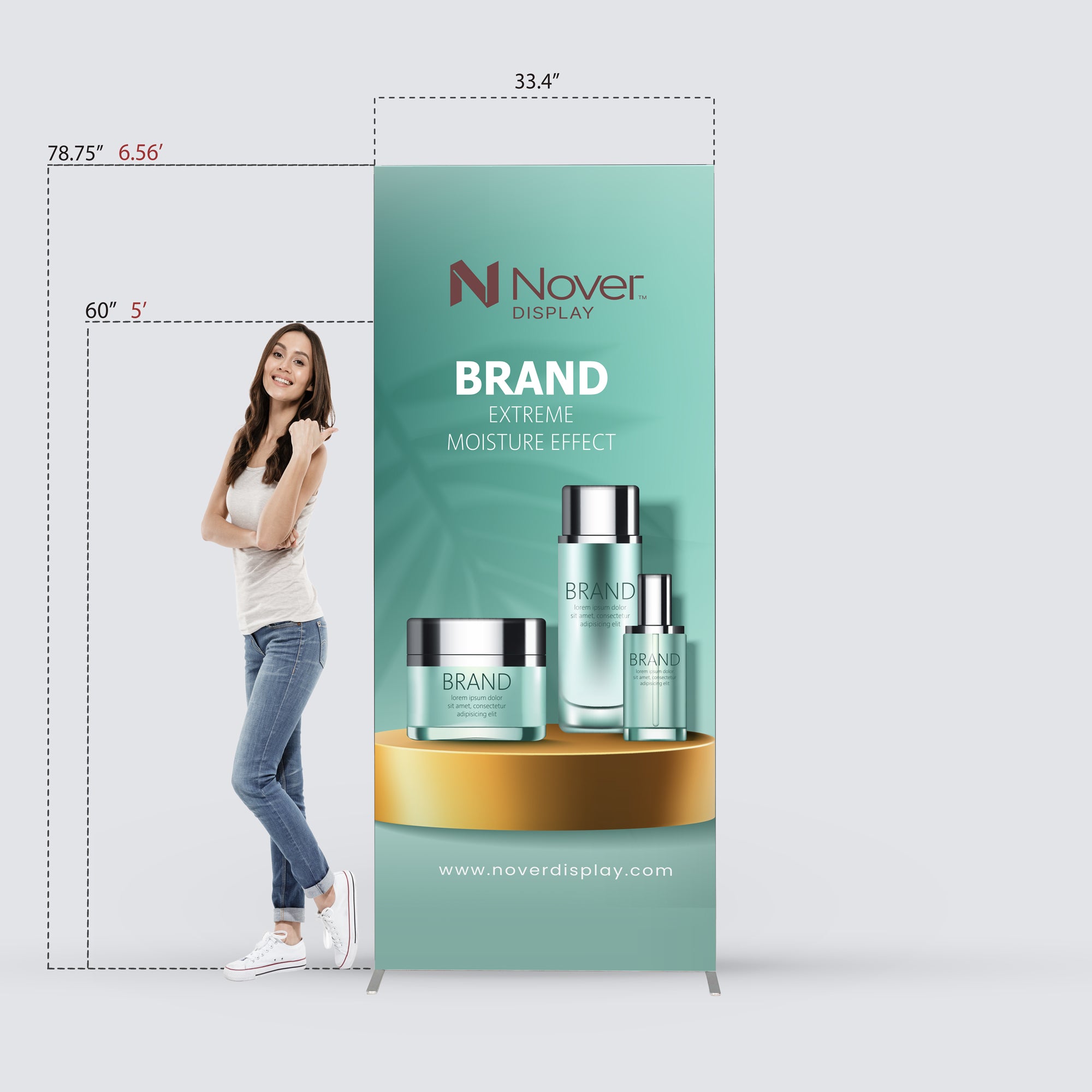Dimensions of Qseg 40 Banner Stand: 33.4" width x 78.75" height, with custom SEG graphic
