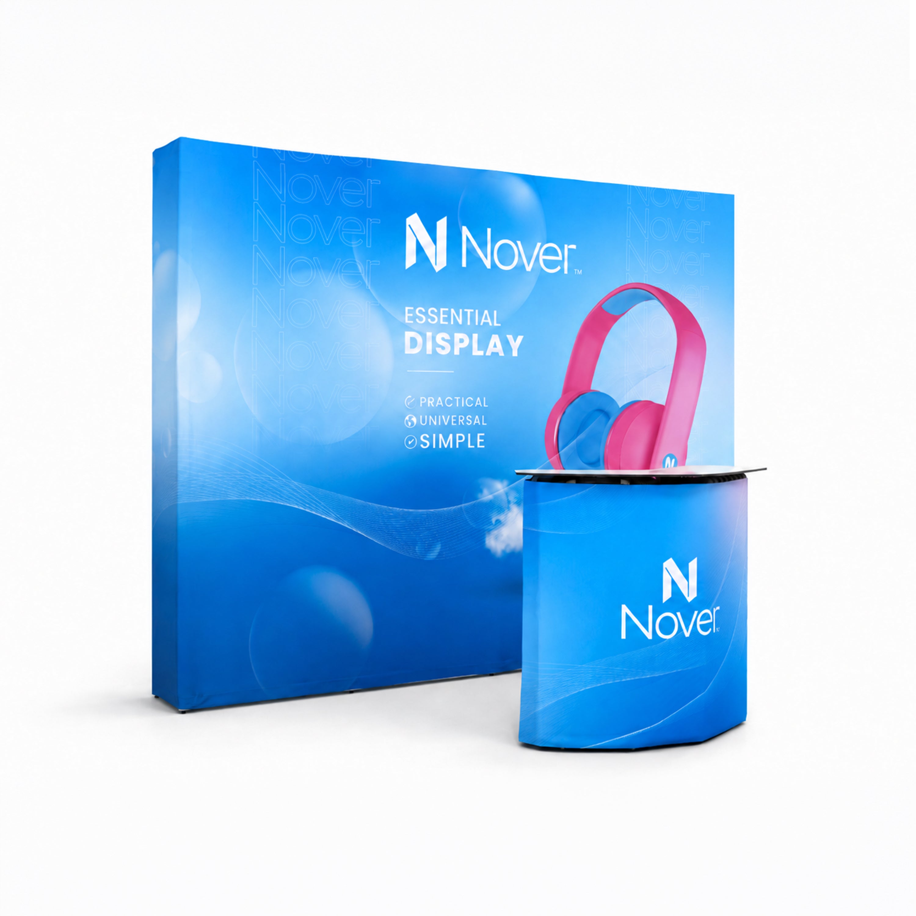 10ft backlit popup trade show booth display kit with blue illuminated backdrop graphic wall and custom branded counter