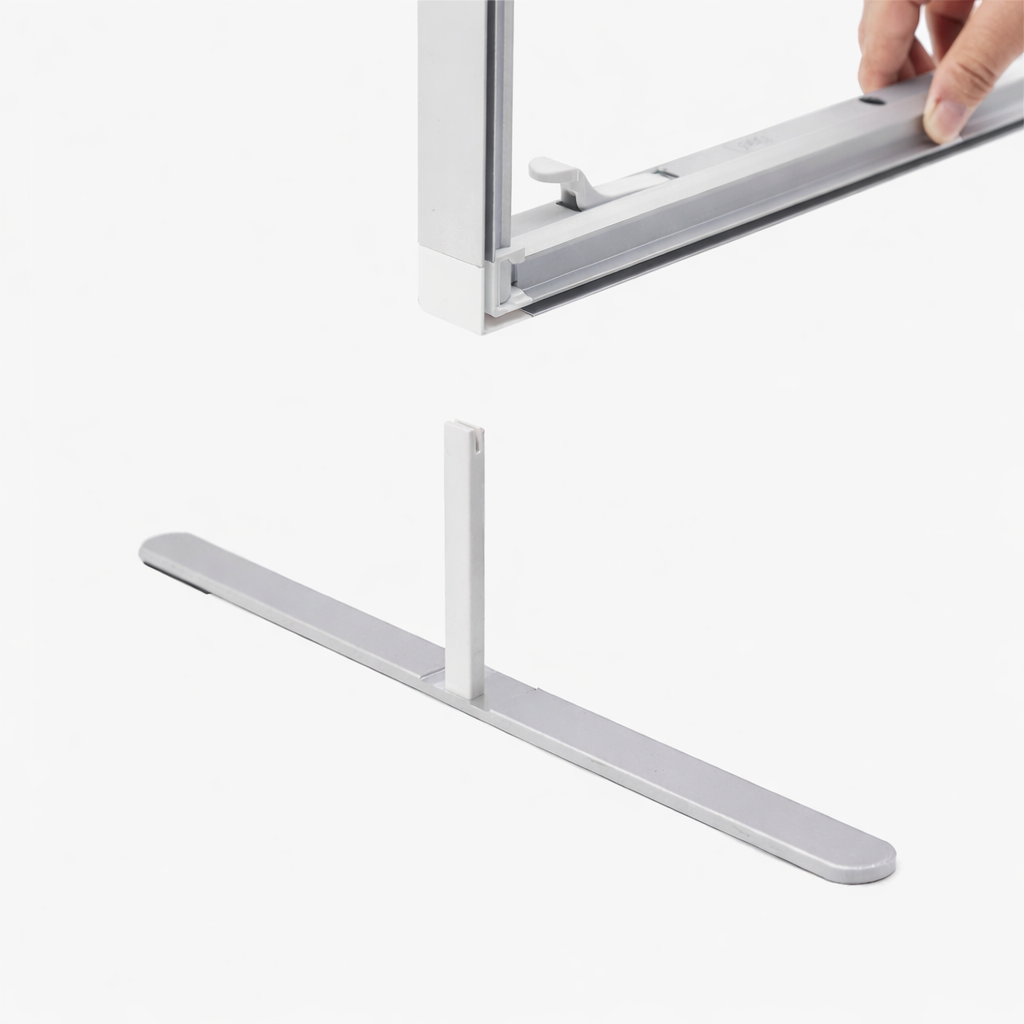 Close-up of Qseg 40 slide-and-lock frame connector for quick, tool-free banner stand assembly