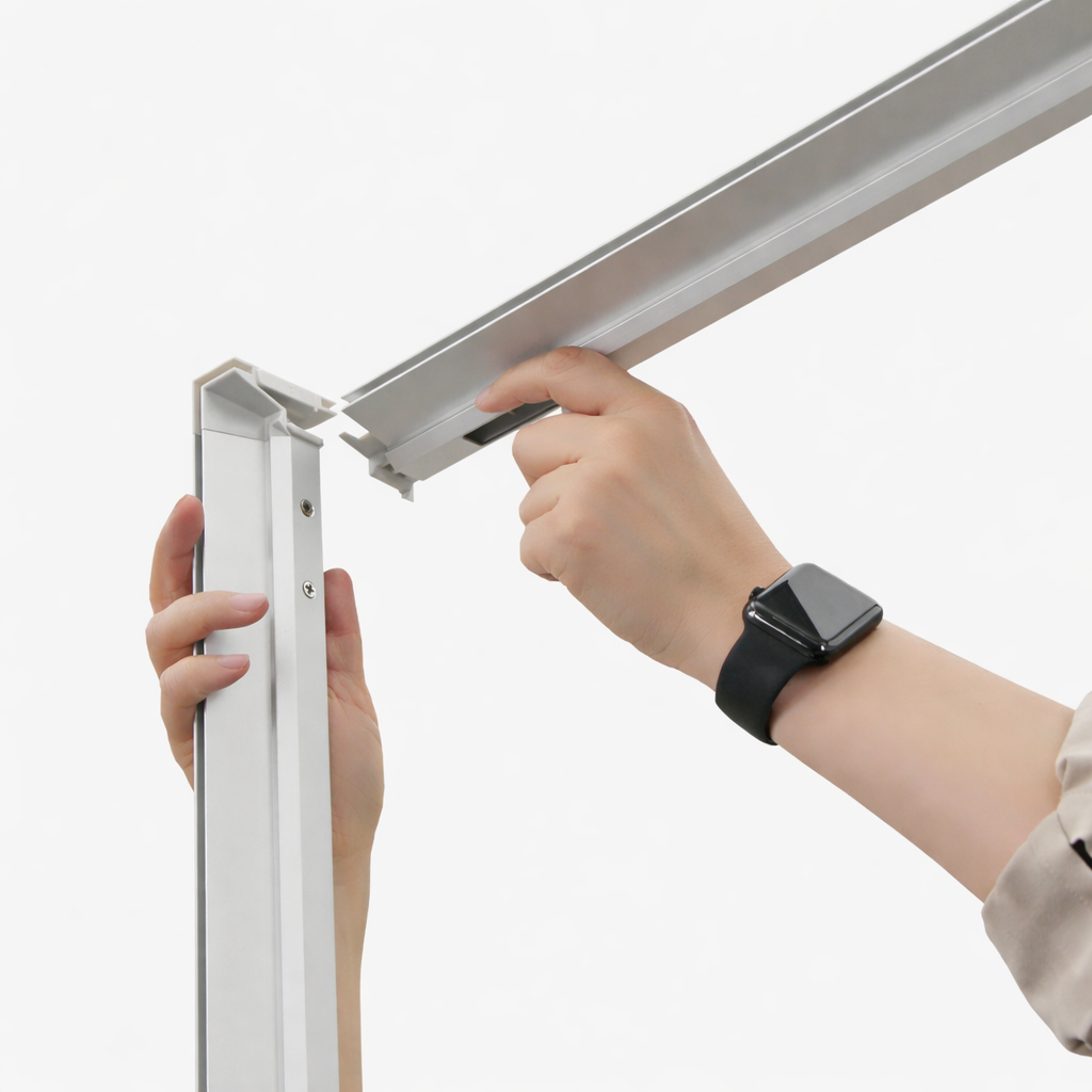 Demonstration of the tool-free slide-and-lock assembly for a Qseg 60 backlit backdrop with 60mm aluminum frame