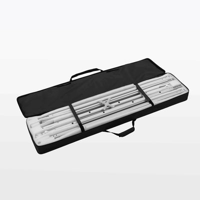 Top angled view of a premium black travel carrying case packed with disassembled 10ft Qseg 40 backdrop aluminum frame profiles and hardware parts.