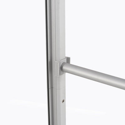 Detail of Qseg 40 tool-free slide-and-lock connector for quick aluminum frame assembly