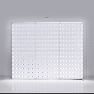 Front view sizing chart of a 10ft wide Qseg 60 backlit backdrop aluminum frame skeleton, showing 9.8' x 7.5' dimensions with an illuminated LED matrix.