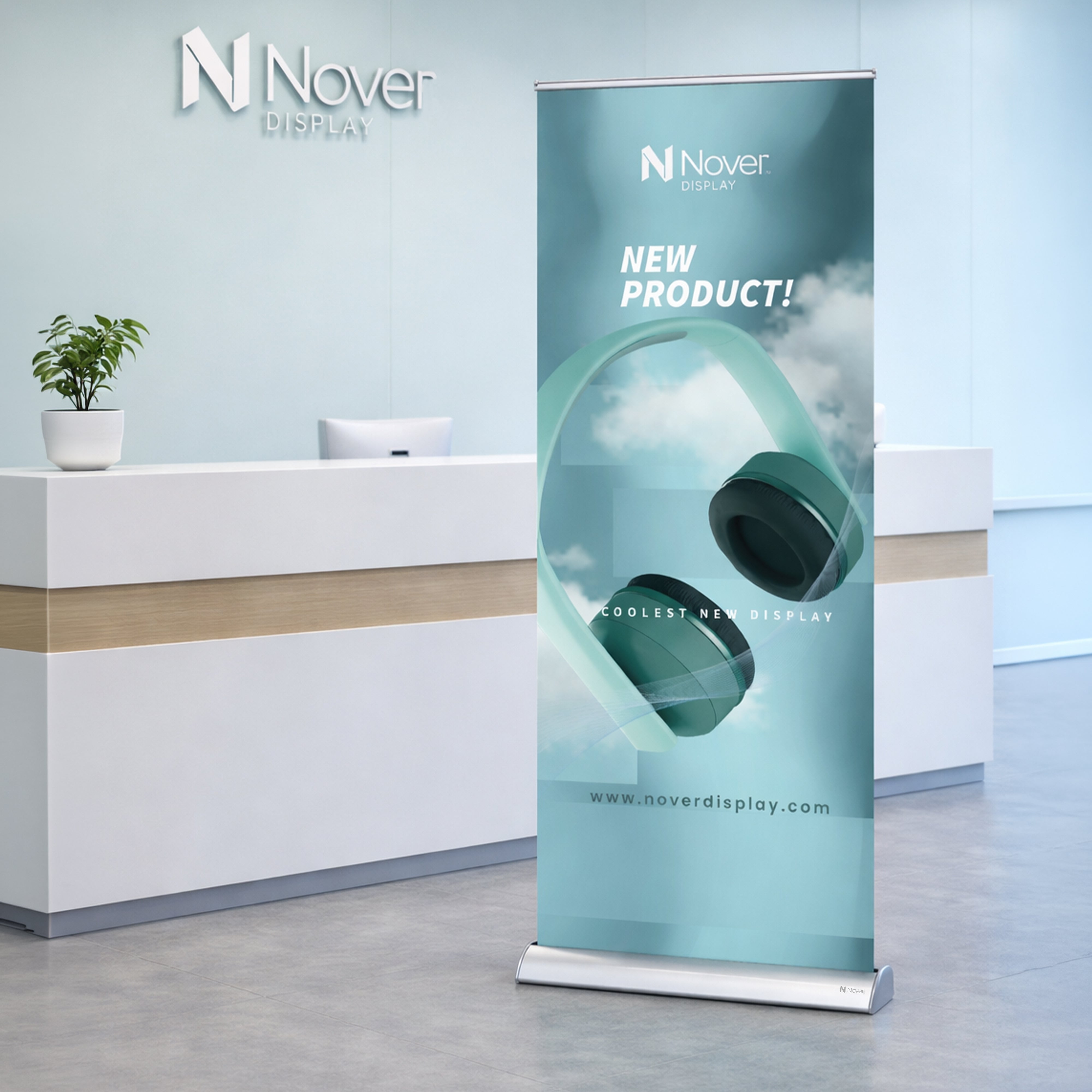 Roll-up banner for Nover Display in a modern office setting