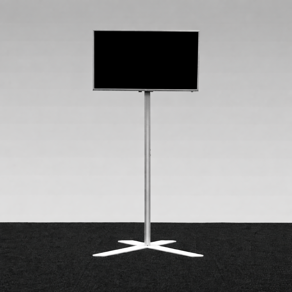 TV Stand X portable monitor mount with slim 8mm feet for trade show back-wall integration