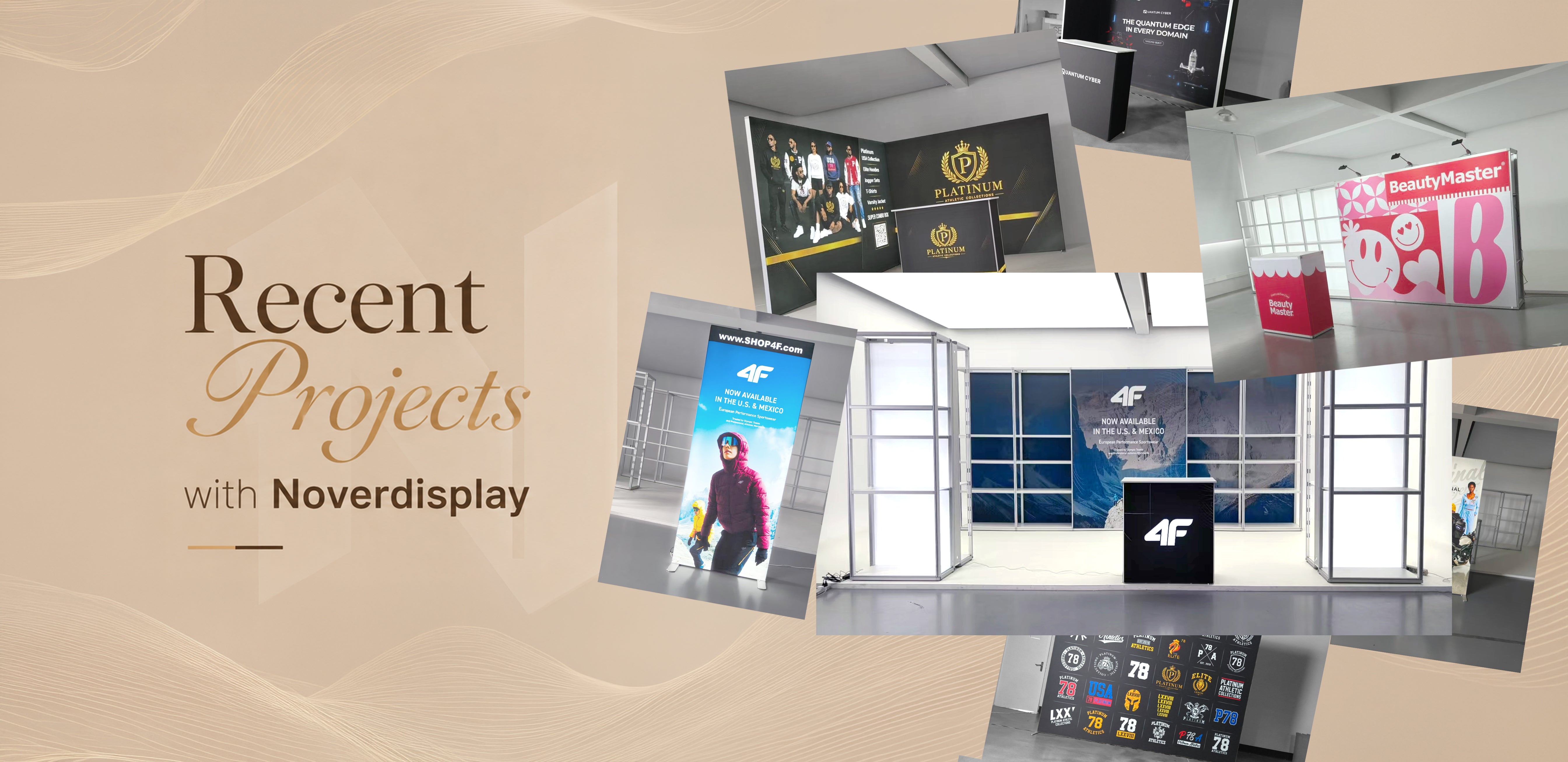 Showcase of recent exhibition stand and trade show display projects by Nover Display, including custom backdrops, banner stands, and modular racks.
