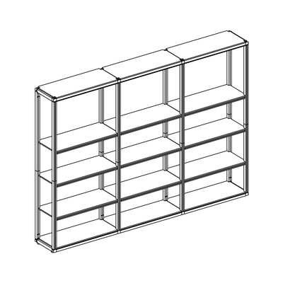 Detailed dimensions of the 3-section modular rack showing 10ft width and 5-tier shelving height